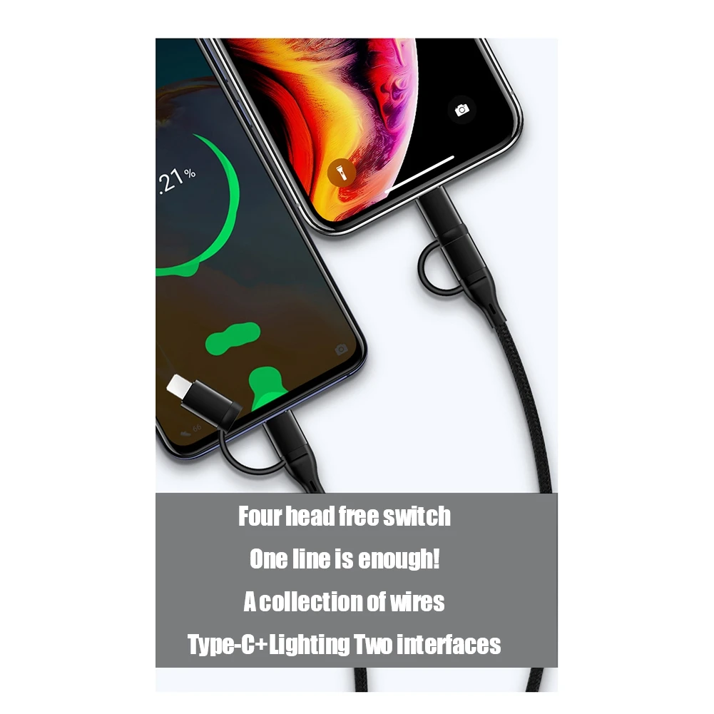 สายชาร์จ 4 in 1 PD มัลติฟังก์ชั่นสายชาร์จข้อมูลอย่างรวดเร็ว Type-C ถึง Type-C สายชาร์จสายชาร์จโทรศัพท์