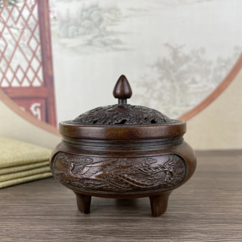 

Antique Brass Dragon and Phoenix Open Lid Incense Burner Ornament Chinese Style Incense Burner Home Office Collection