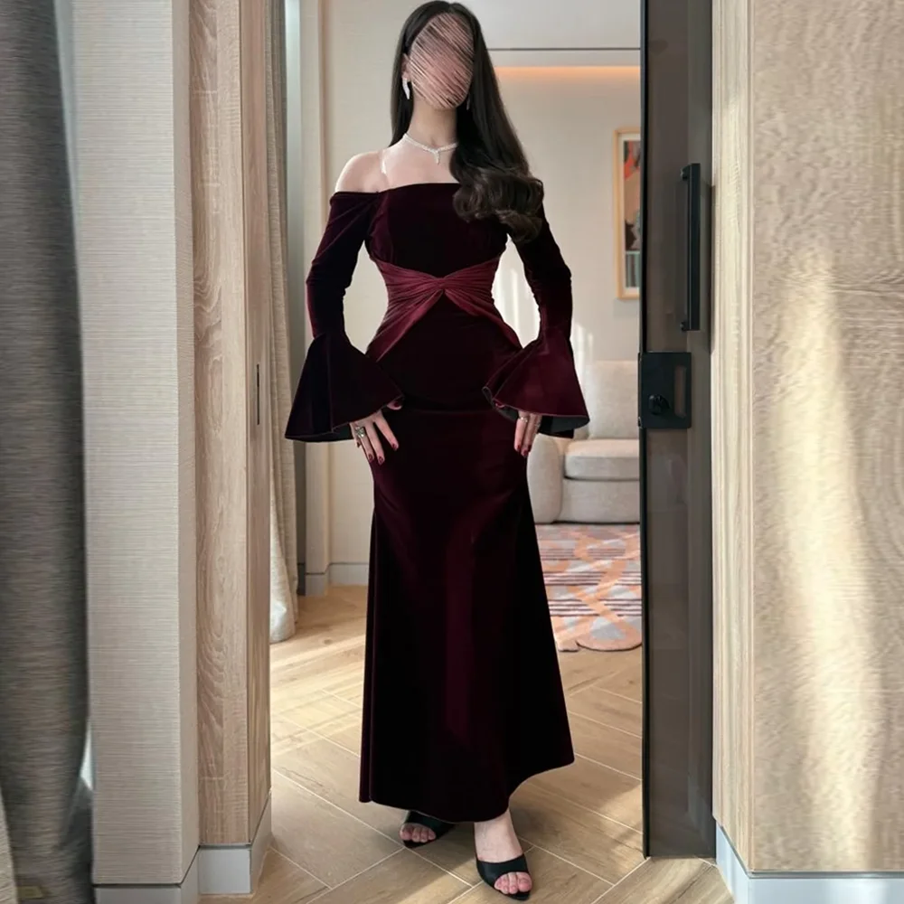 

Burgundy Mermaid Long Sleeves Saudi Arabia Evening Dress Customized Boat Neck Party Dress High Quality Bespoke Occasion Gowns