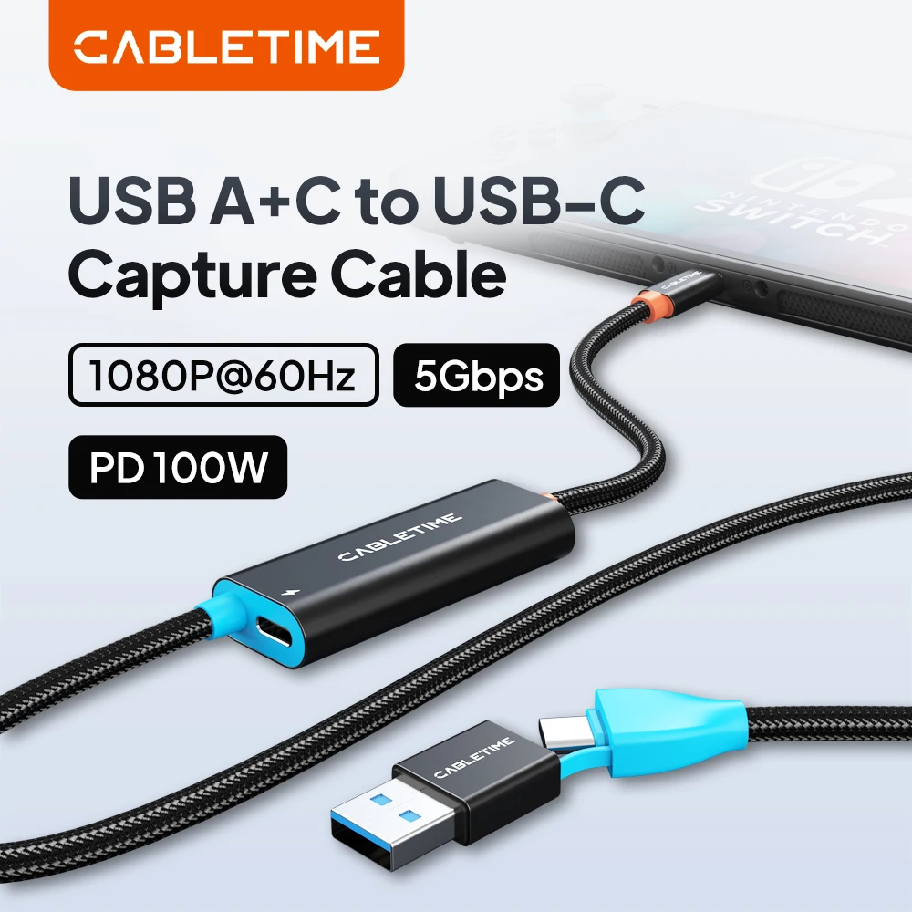 

Кабель CABLETIME 2 в 1 USB A/C - USB C, 1080P при 60 Гц, 60 кадров/с, кабель для захвата изображения, 5 Гбит/с, быстрая зарядка PD100W для Switch и ноутбуков