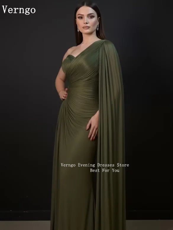 Verngo Green Shiny Sequined Tulle Evening Dress One Shoulder Mermaid Formal Occasion Dress Elegant Prom Party Gown Customized