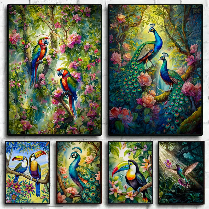Póster de fantasía de pájaros, impresiones de loros, pavo real, tucán en la jungla, cuadro sobre lienzo para pared, imágenes para decoración del hogar y la sala de estar