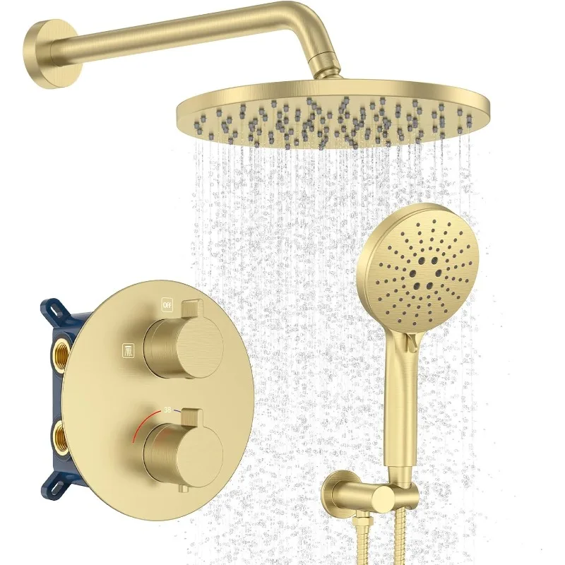 Thermostatic Shower System Wall Mount with 10 Inch Roud Rainfall Shower Head and Handheld,Shower Faucet Mixer Trim Kit