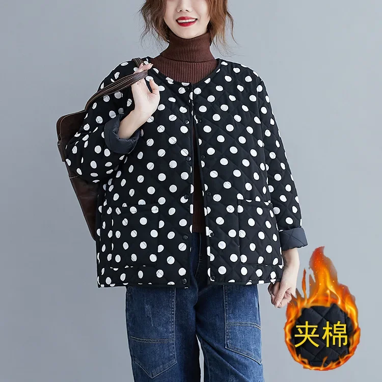 Polka Dot Warm Lightweight Cotton Jacket with Pocket Coat Women 2023 Autumn Winter Female Casual Loose Outfit Plus Size Outwear