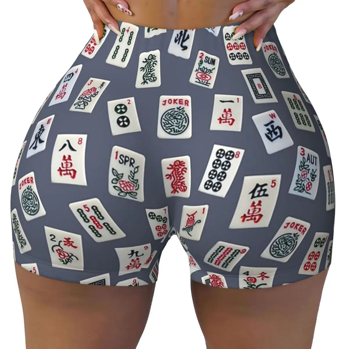 تصميم بلاط لعبة Mahjongg مخصص على شورت يوجا أزرق اللون للنساء في صالة الألعاب الرياضية والجري شورت رياضي لراكبي الدراجات النارية #2