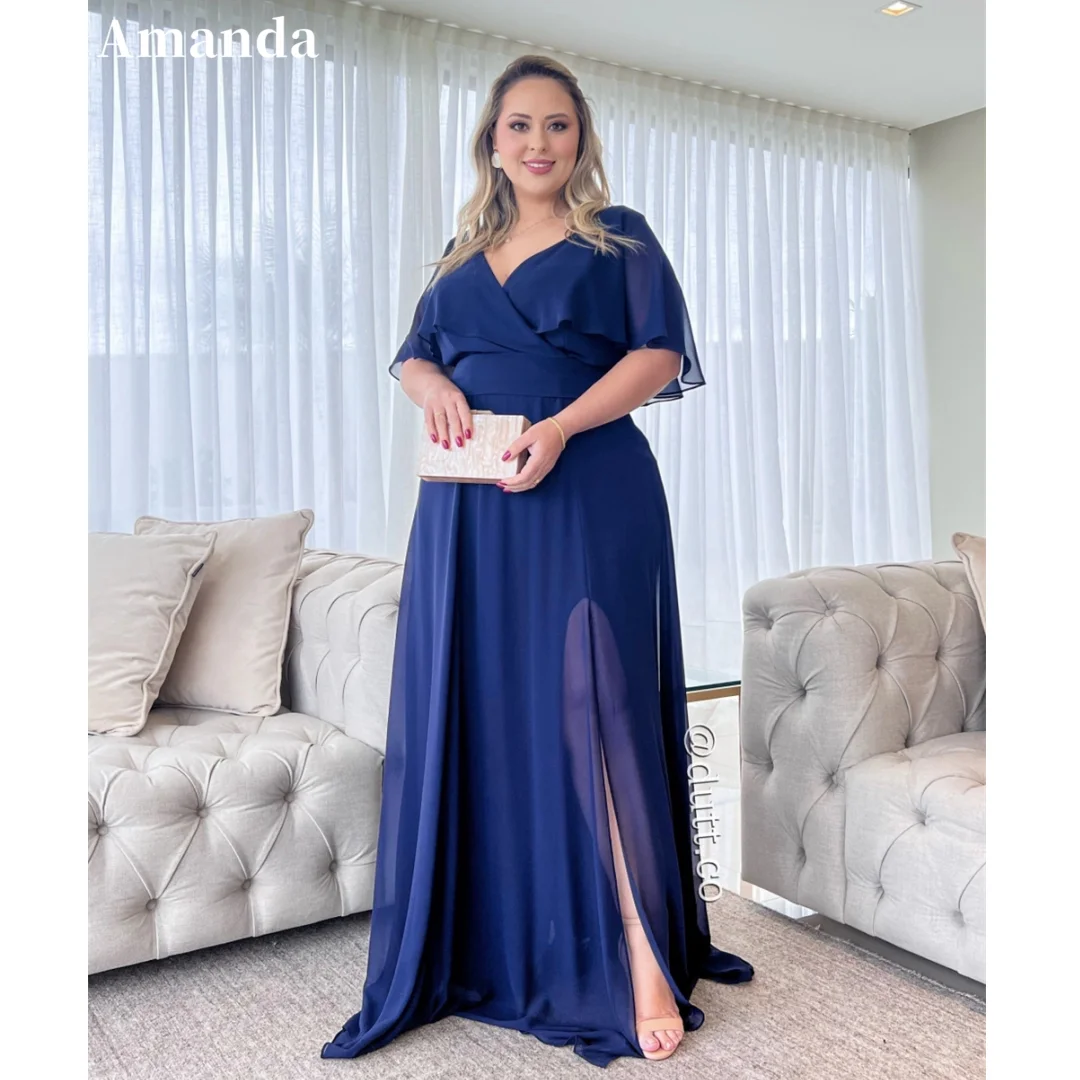 

Amanda Comfy Chiffon A-line Prom Dress Side Split Vestidos De Fiesta Navy Blue Puffy Sleeve فساتين سهرة