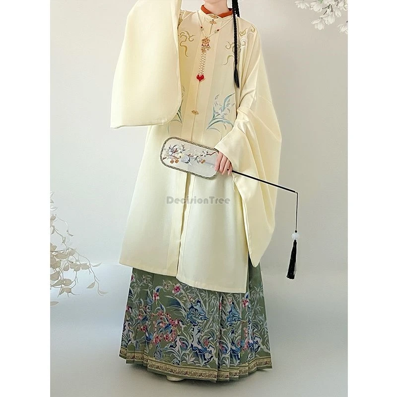 2024 chinese ming dynasty stand collar lapel big sleeve blouse embroidered one-piece skirt women loose elegant daily hanfu b167