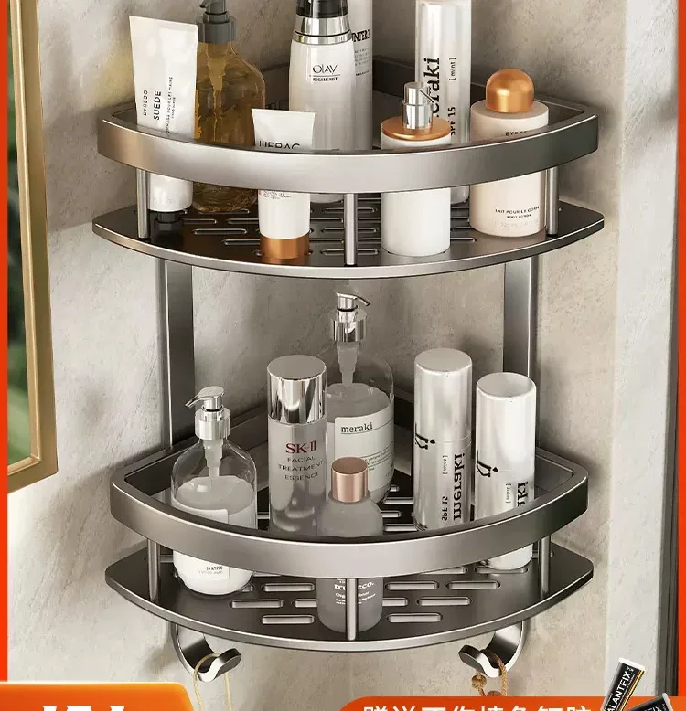 Gun Grey Non Perforated Space Aluminum Bathroom Storage Rack Triangle Basket Wall