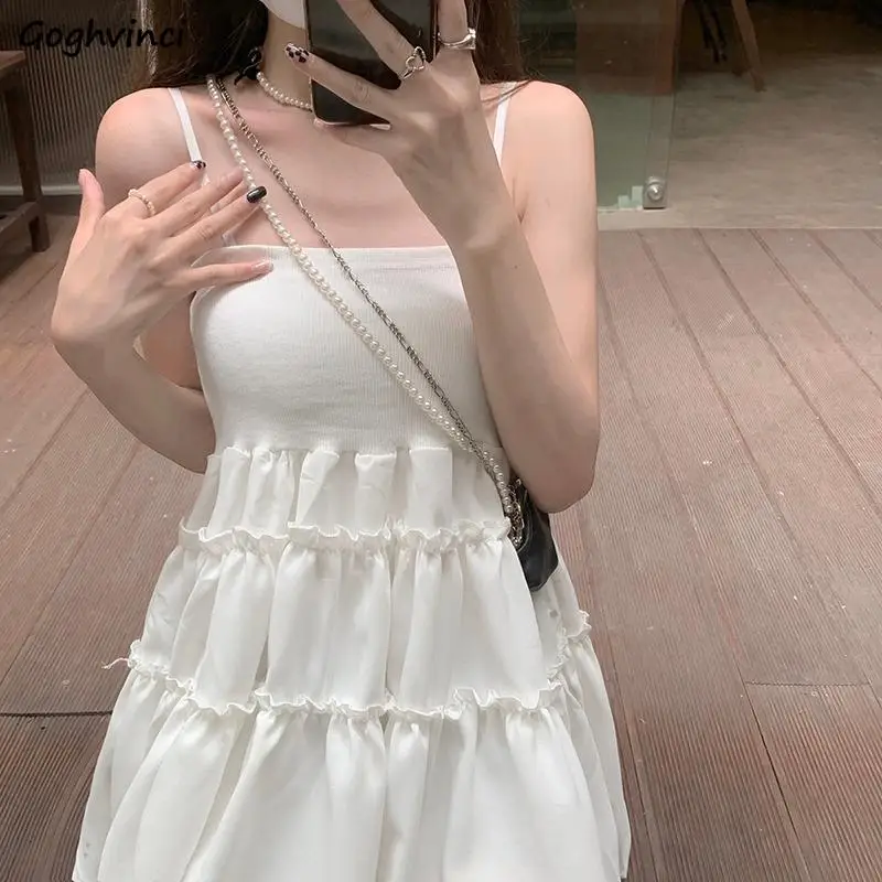 Solid Short Dresses Women Summer Sleeveless Suqare Collar Pleated Design Tighten The Waist Sweet Korean Style Loose Slim Cozy