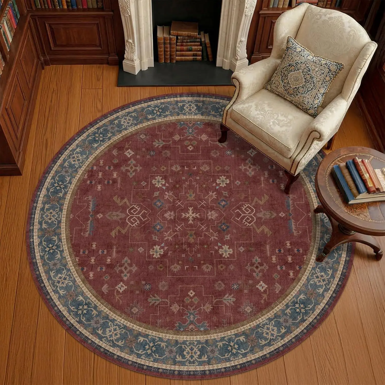 Vintage Charcoal Round Area Rug Medallion Distressed Washable Non Slip Circle Carpet Boho Geometric Living Room Decor