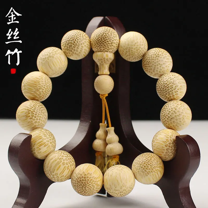 

Golden Silk Bamboo Bracelet Serpentine Wood Fish Roe Pattern Solid Bamboo Crafts Collectables-Autograph Rosary Bracelets for Men