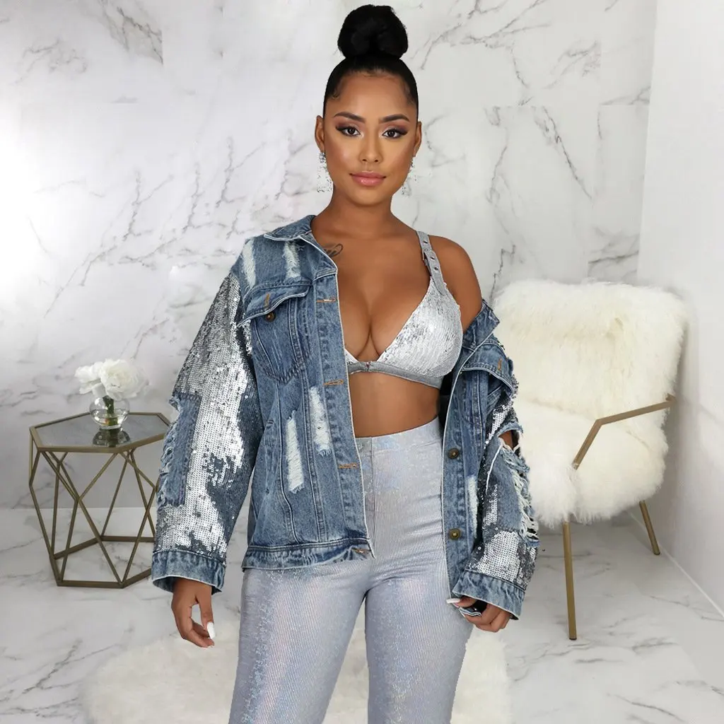 

Women's Sequin Denim Top Casual Fashion European American Style SMR10343 New