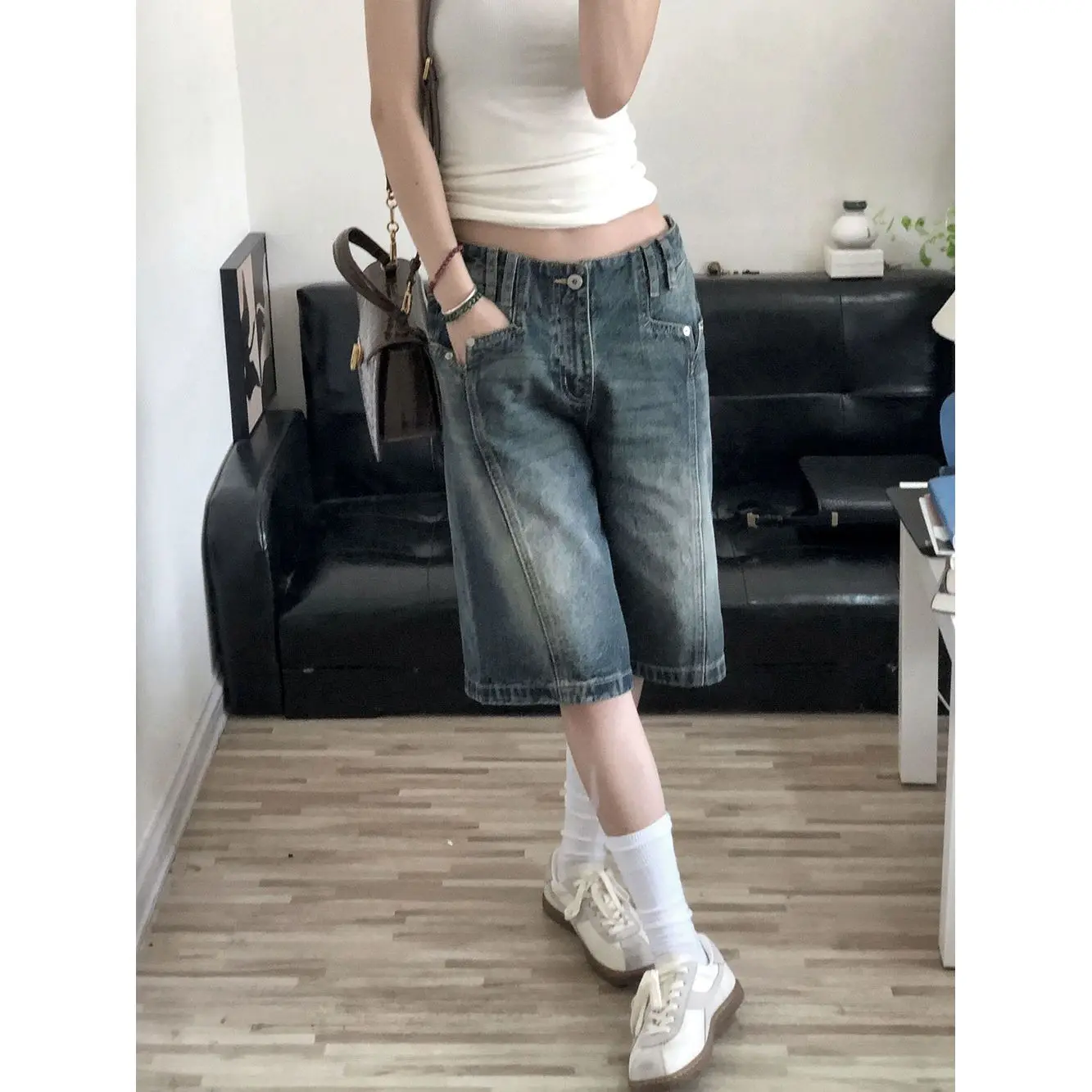 Y2K شورت دينم عتيق للنساء فضفاض عالي الخصر ملابس الشارع الكورية واسعة الساق جينز صيفي مغسول كبير الحجم غير رسمي
