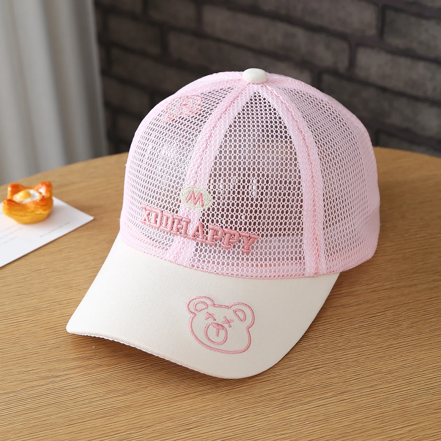 Newly designed trendy breathable all-net-silk embroidered letter bear brimless sun hat baseball cap view 5
