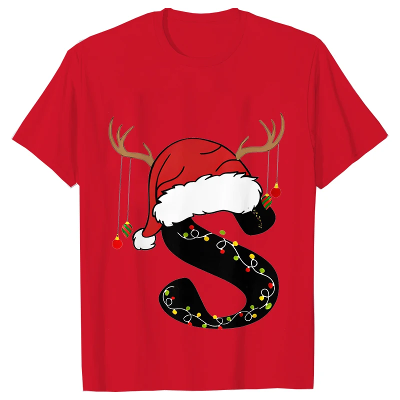 26 A~Z Christmas Alphabet Print T-Shirts Christmas Party Personality Street Christmas Lights Tee Clothing Casual Women Tops