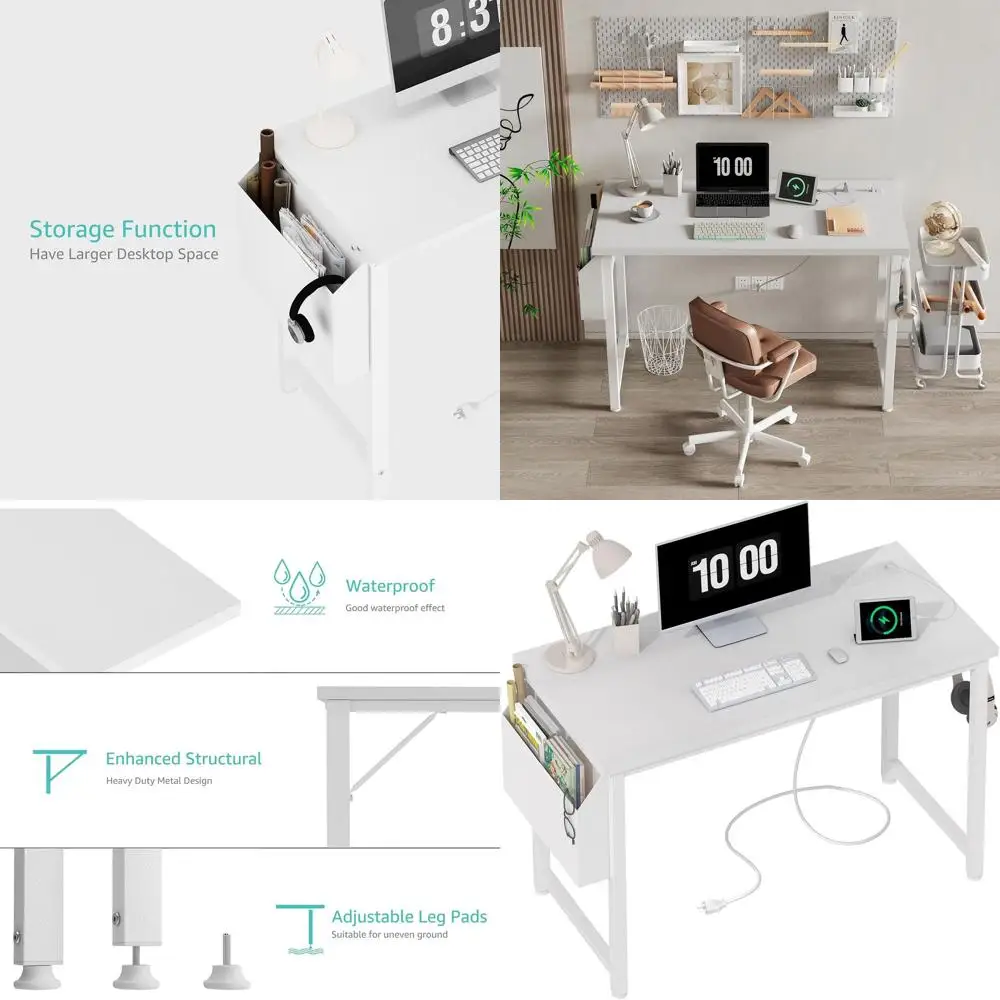 

Белый компьютерный стол с розеткой, 40-дюймовый простой учебный стол для подростков, письменные столы для работы в домашнем офисе с зарядной станцией Outl