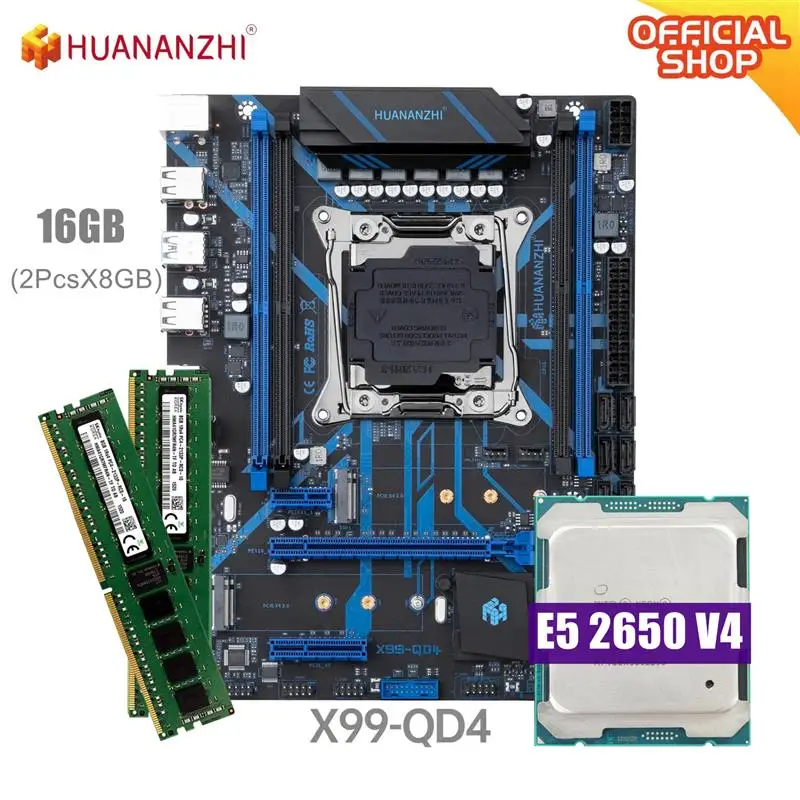 HUANANZBottles-Carte mère X99 QD4 avec kit combiné, mémoire DDR4 RECC, NVcloser, NGFF, SATA, USB 2650, XEON E5 3.0, V4, 16 Go, 2x8 Go