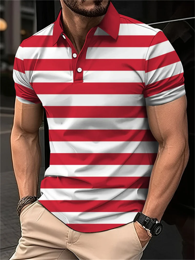 Men's 3D digital printed short sleeved lapel striped shirt, summer business casual top, innovative in 2024