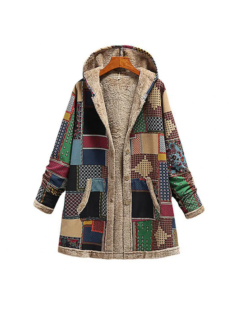 Vintage Printed Hooded Cotton Jacket Thickened Warm Women's Pocket Hoodie Large Size Long Coat Splicing Style Autumn and Winter