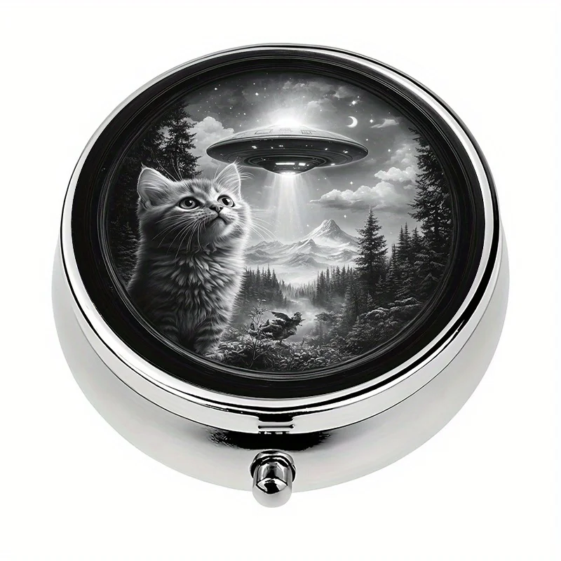 1 three-compartment space cat UFO-themed pill box, mini pill container, pill organizer, unique travel gift