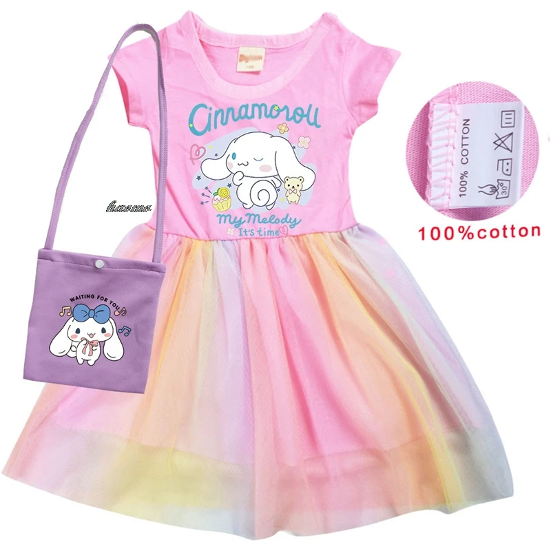 Kids Summer Hot Cinnamoroll Dress Baby Girls Cute Lace Princess Dress +Bag Toddler Girls Birthday Party Dresses Headwear