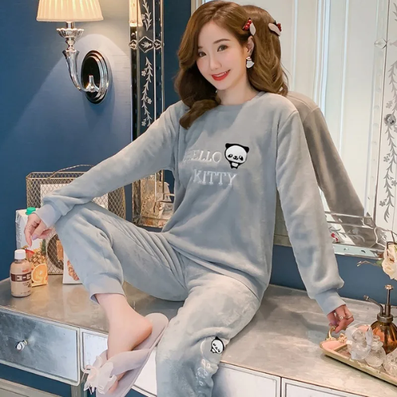 Thickened Warm Flannel Women Pajamas Loungewear Striped Top and Trousers Sleepwear Homewear Cartoon Rabbit Panda Nightwear