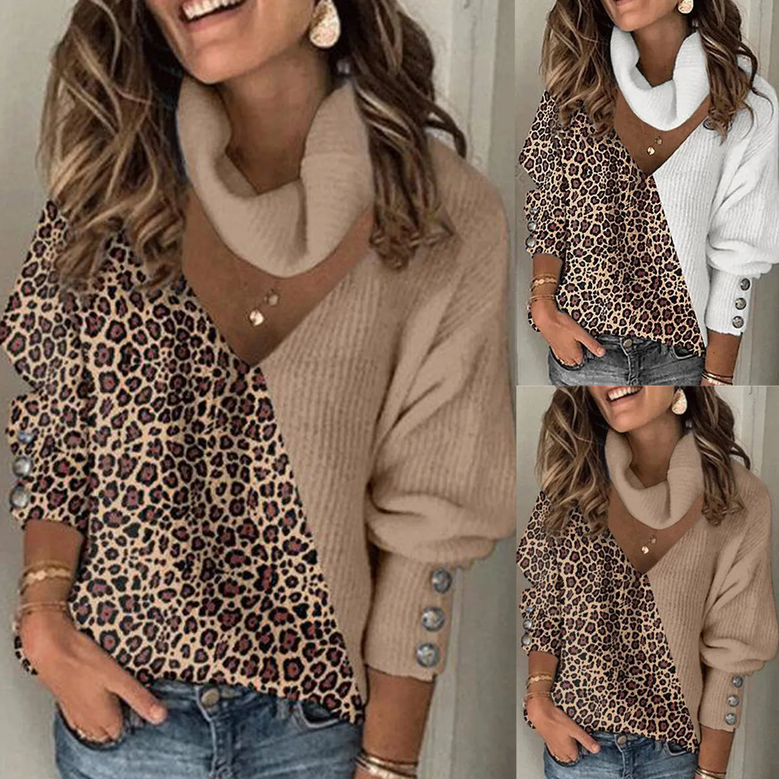 Maglione lavorato a maglia Patchwork con stampa leopardata autunno inverno scollo a v abbigliamento Vintage donna manica lunga Y2k top Casual