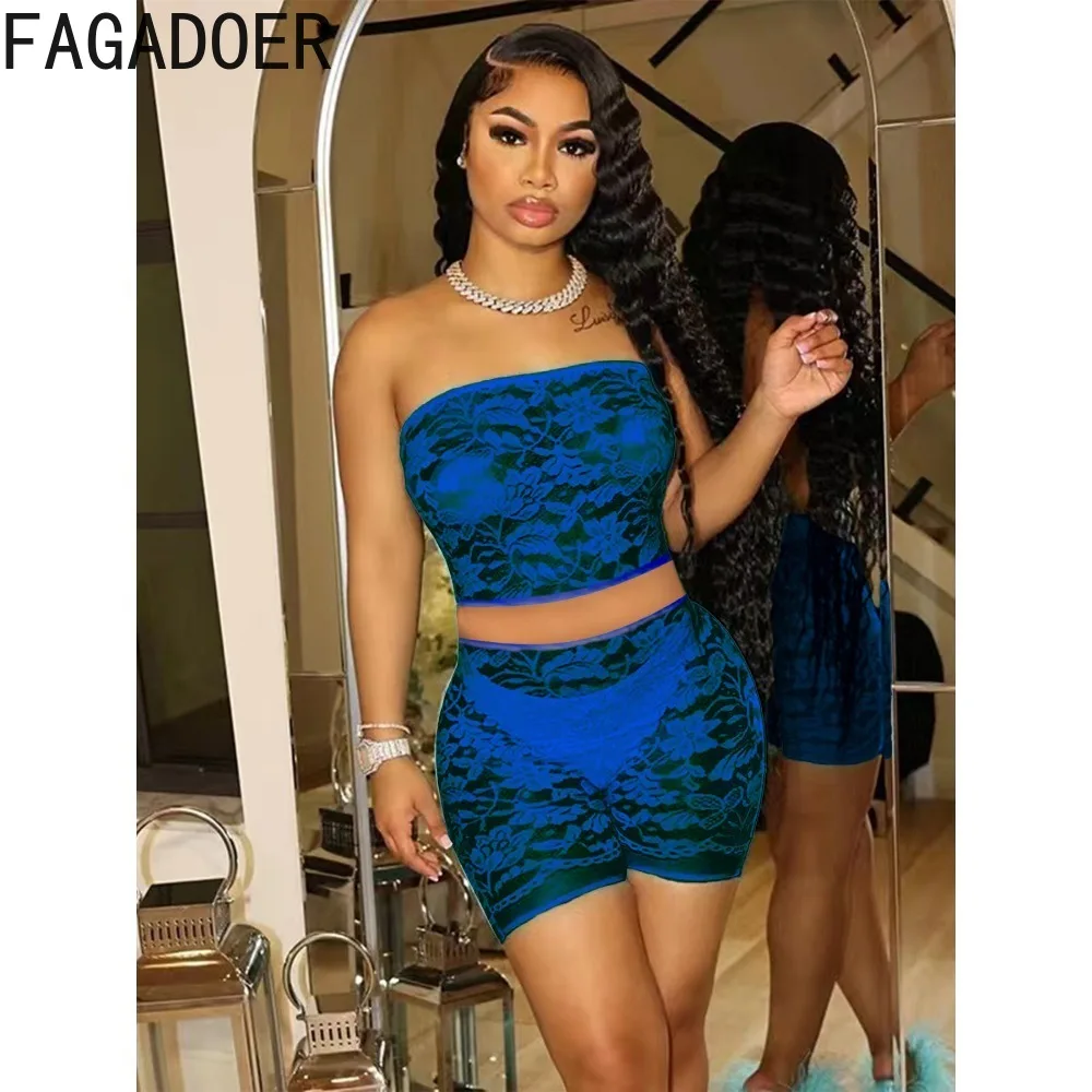 FAGADOER Sexy Lace Perspective Two Piece Sets Women Off Shoulder Sleeveless Backless Tube+Shorts Outfits Fashion 2pcs Streetwear