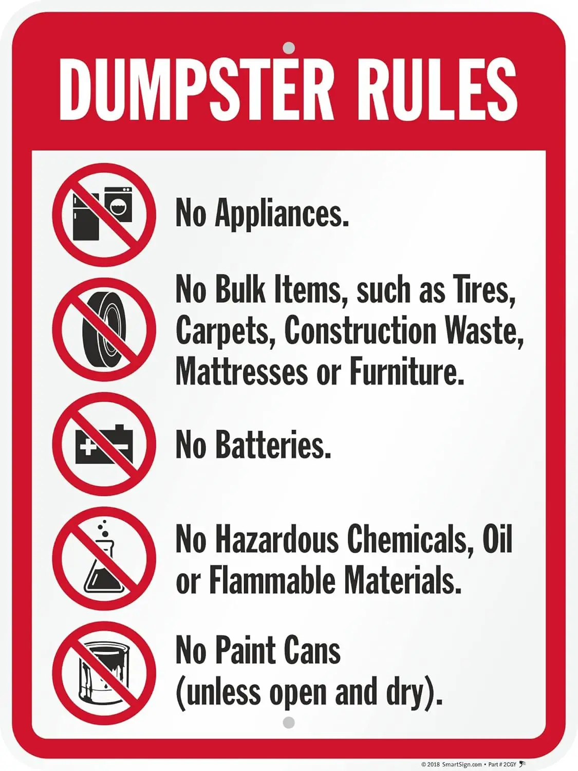 Y1,SmartSign Dumpster Rules Sign | 18 x 24 Aluminum-aluminum