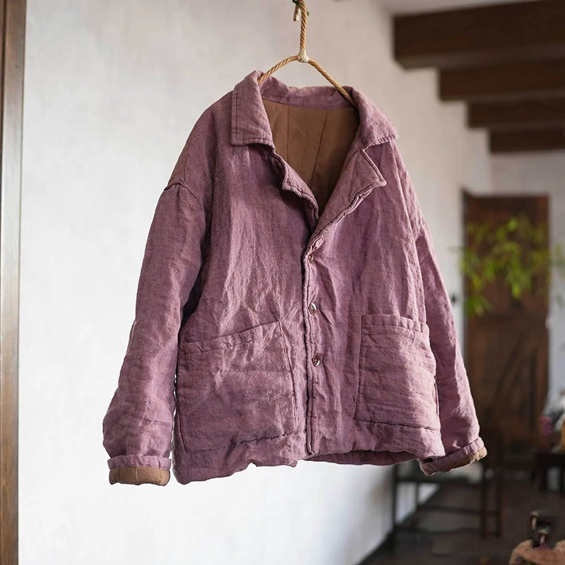

Thick Cotton Linen Casual Coats Women New 2025 Winter Vintage Style Solid Color Double Pockets Female Basics Jackets M2083