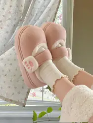 Cute Cat Paw Cotton Snow Boots Shoes With Winter Velvet Thick Sole Indoor Outdoor Shoes ForWarm Round Toe Ankle Boots
