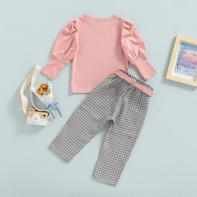 Toddler Kids Girls 3 Pieces Outfits Solid Color Ribbed Round Neck Long Sleeve Tops Plaid Long Pants Belt Set