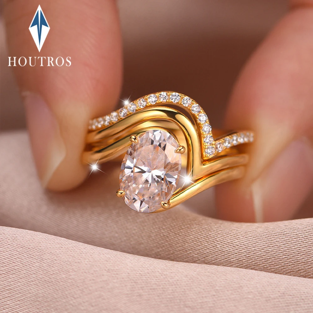 

2.5Carat Oval Cut Moissanite Diamond Engagement Ring Set for Women S925 Silver 18K Gold Plated Bridal Promise Bands Jewelry Gift