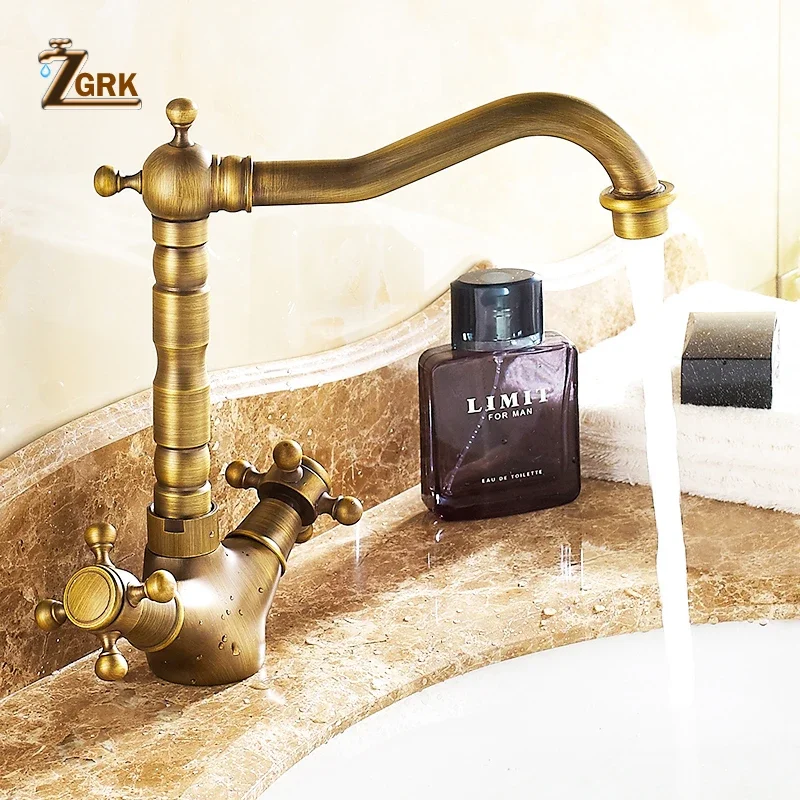 ZGRK Antique Basin Faucet Hot and Cold Bathroom Sink Faucet Swivel Spout Bath Water Tap Dual Handle Tall Basin Mixer Tap