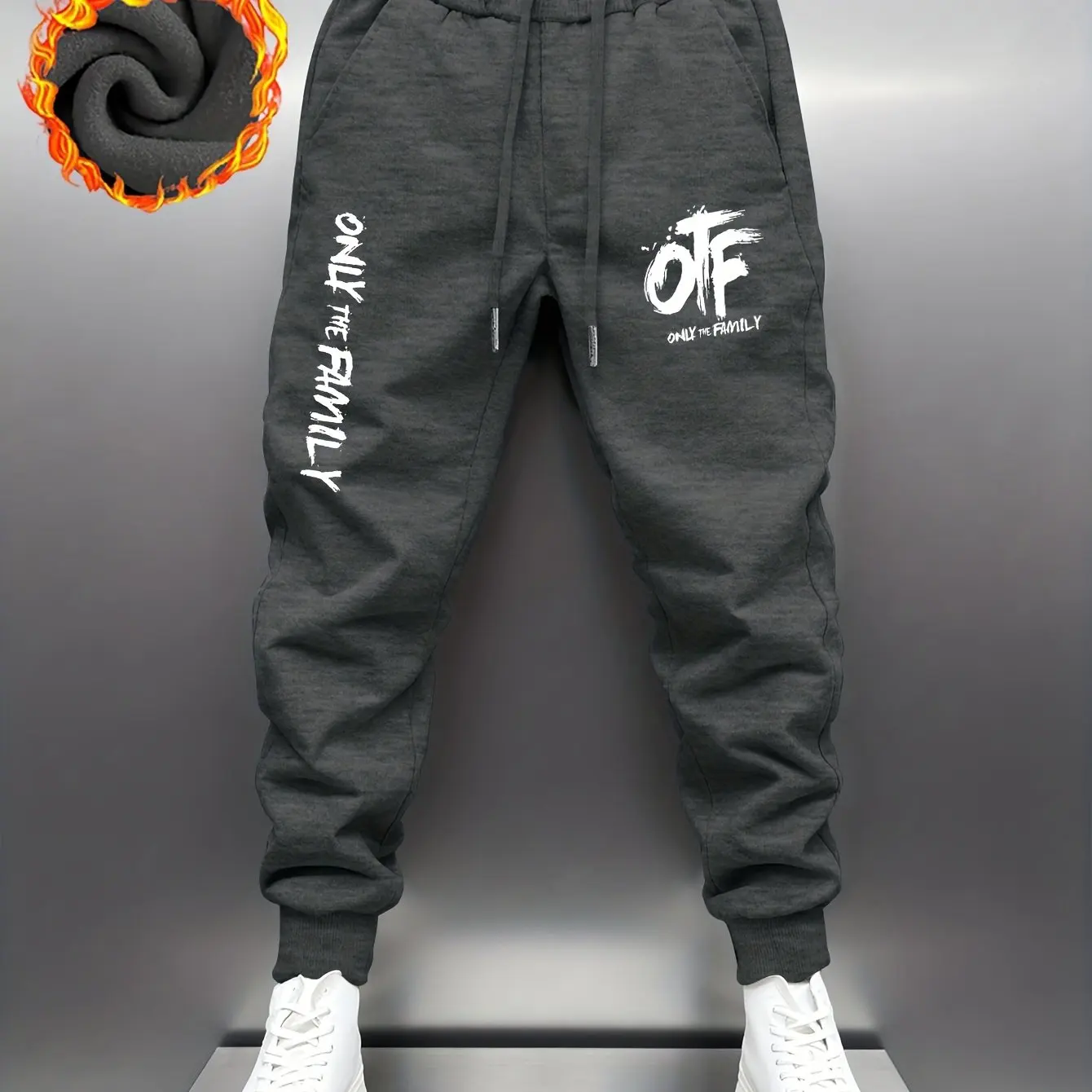 Men Fashion Streetwear Black Fleece Graffiti Print Cuffed Joggers Elastic Drawstring Sweatpants With Side Pockets Daily Wear