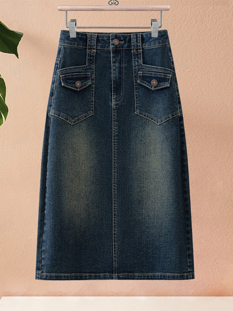 

Retro Denim A-Line Midi Skirt High Waist Spring Autumn New Style Women's Fashion Back Split Bodycon Skirt Casual Cotton Blend