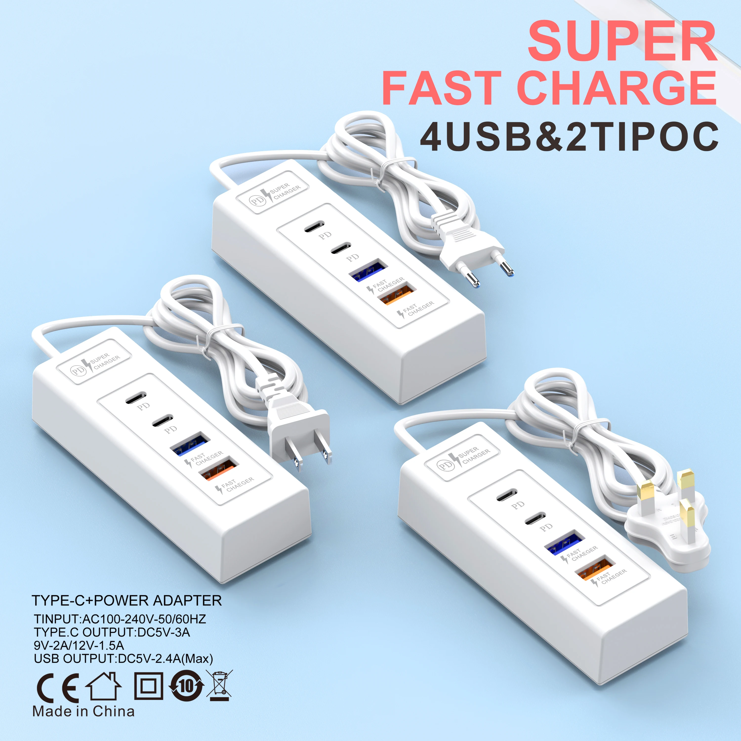 Multiport USB Charger 15W PD Type C Fast Charge Quick Wall Chargers USB Hub Adapter Mobile Phone EU US Plug USB Type C Charger