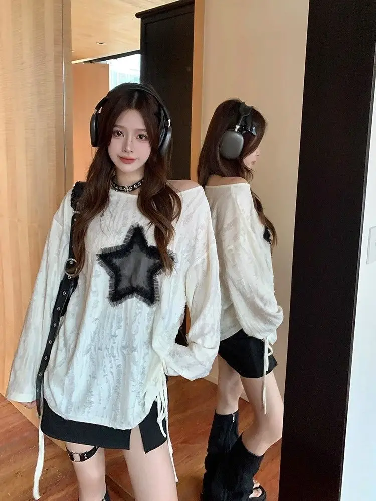 الأمريكية الرجعية طويلة الأكمام تي شيرت مائل الرقبة المرأة عادية StarPrint تيز ثقافة فرعية الهيب هوب الخريف Y2K اليابانية خمر القمم #1