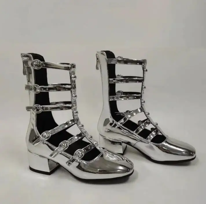 Rock Gold Silver Mirror Leather Rivets Studs T- Straps Buckle Ankle Boots Close Toe Chunky Heels Cutout Performance Boots