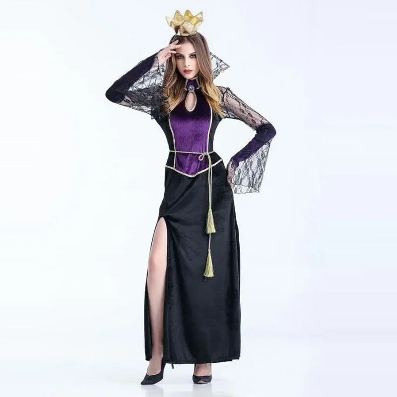 Fashion Purple Queen Long Dress With Crow Costume Adult Elf Princess Dress Fairy Tale Cosplay Witch Costume Sexy Girls Dress