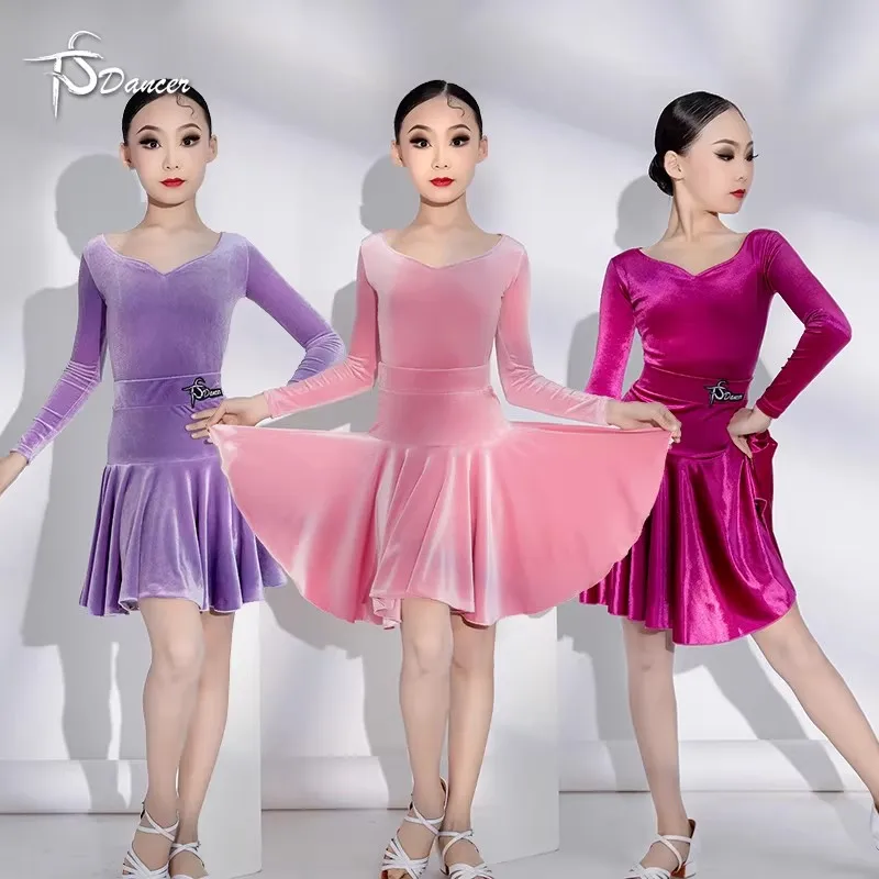 

Платье для соревнований по латинским танцам, платье для выступлений для девочек, осенне-зимнее платье для латинских танцев с длинными рукавами, детский комплект