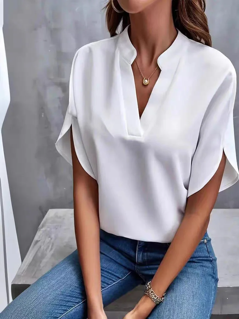 カジュアル Vネック レディース シンプル 無地 ルーズフィット オルト スベ 日常着 夏 ファッション レディース プレミアム品質 トップス