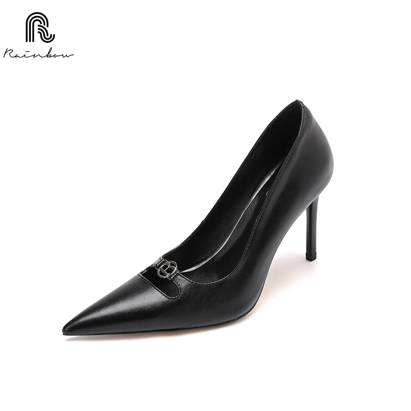 

RAINBOW size 33-40 Real Leather Metal Classic Concise Style Sexy Women Pumps Custom Handmade Stilettos Shallow Silvery/black