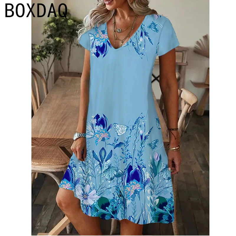 Vestido feminino com estampa floral boho manga curta com decote em v, vestido casual praia, vestido vintage em linha a, verão, tamanho grande