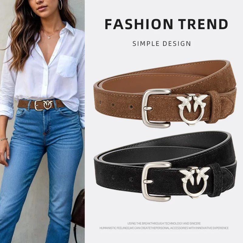 เข็มขัดหนังกลับสำหรับผู้หญิง พร้อมโลโก้ หนังแท้ คอร์เซ็ท สายคาดเอวสำหรับผู้หญิง ใช้กับเสื้อโค้ท ชุดเดรส สายคาดเอวแบบแคบ รุ่น J1637