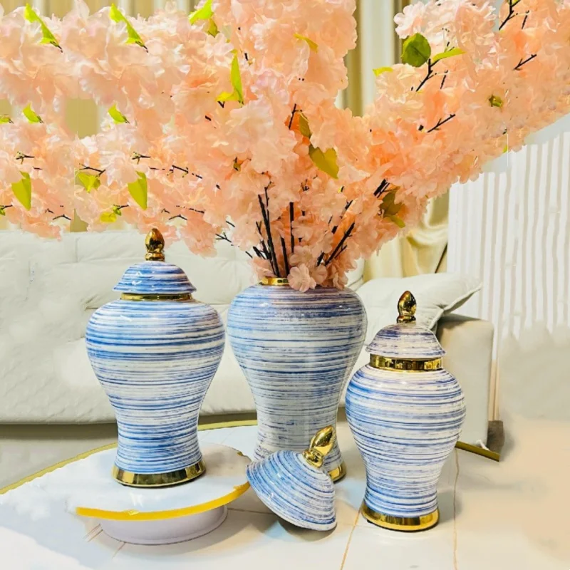 ABC Ceramic Jars General Jar Ginger Cans Storage Tanks Geometric Stripes Blue Lines Flower Vase Vintage Bottles Home Decoration