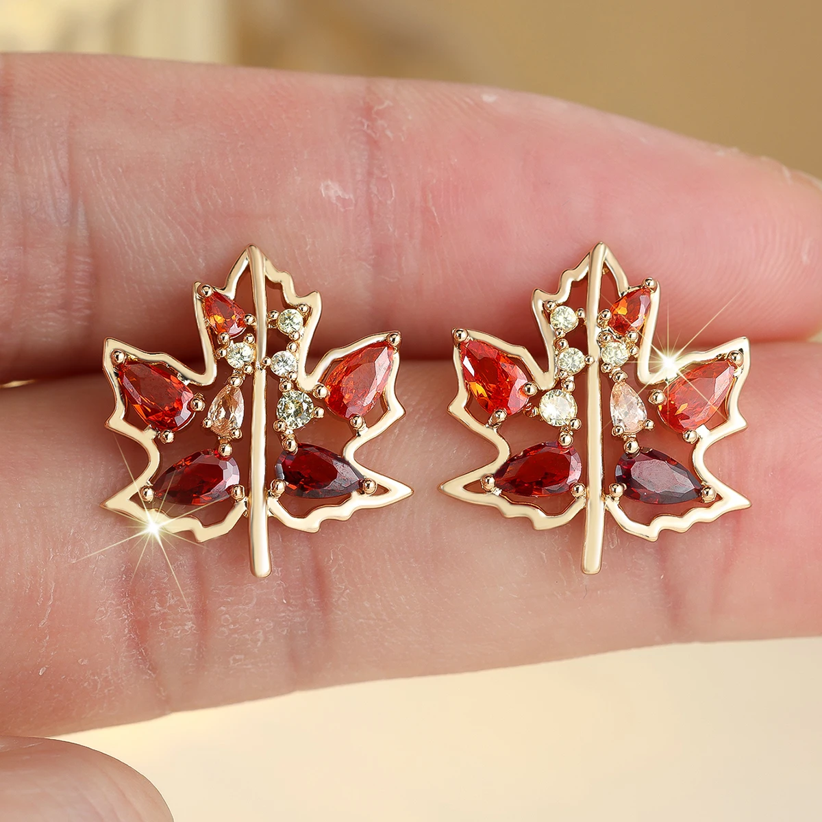Cute Female Red Zircon Gold Color Tree Leaf Stud Earrings Lovely Bridal Wedding Jewelry For Women