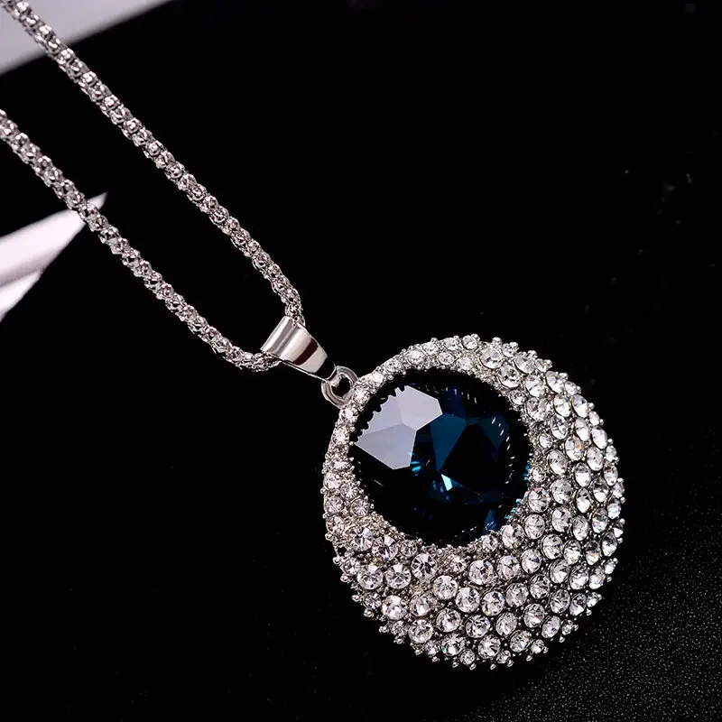 Shining Crystal Round Water Drop Heart Sweater Long Necklaces for Women 2024 Winter Trendy Korean Pendant Geometric Jewelry