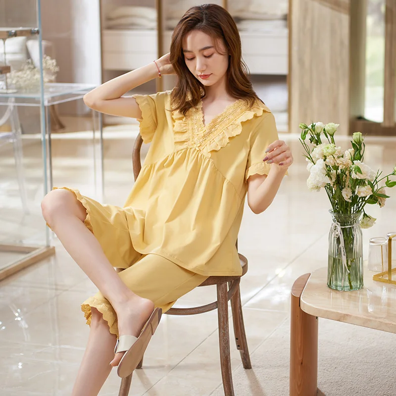 

Summer Lace V-Neck Women Pajamas Short Sleeve Casual Tracksuit Female Full Cotton Pajamas Set Women Sleepwear Suit Homewear