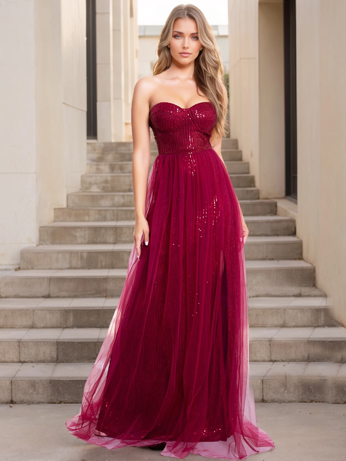 

Romagic без бретелек сексуальное сетчатое коктейльное платье трапециевидной формы без рукавов для выпускного вечера с блестками и разрезом на ногах бальное платье женские вечерние платья 2025